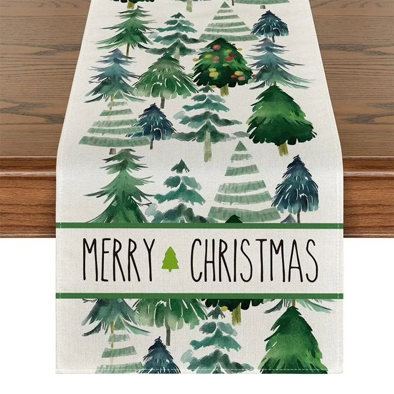 

Watercolor Green Tree Merry Christmas Table Flag Christmas Holiday Kitchen Table Decoration for Home Party Holiday Decoration