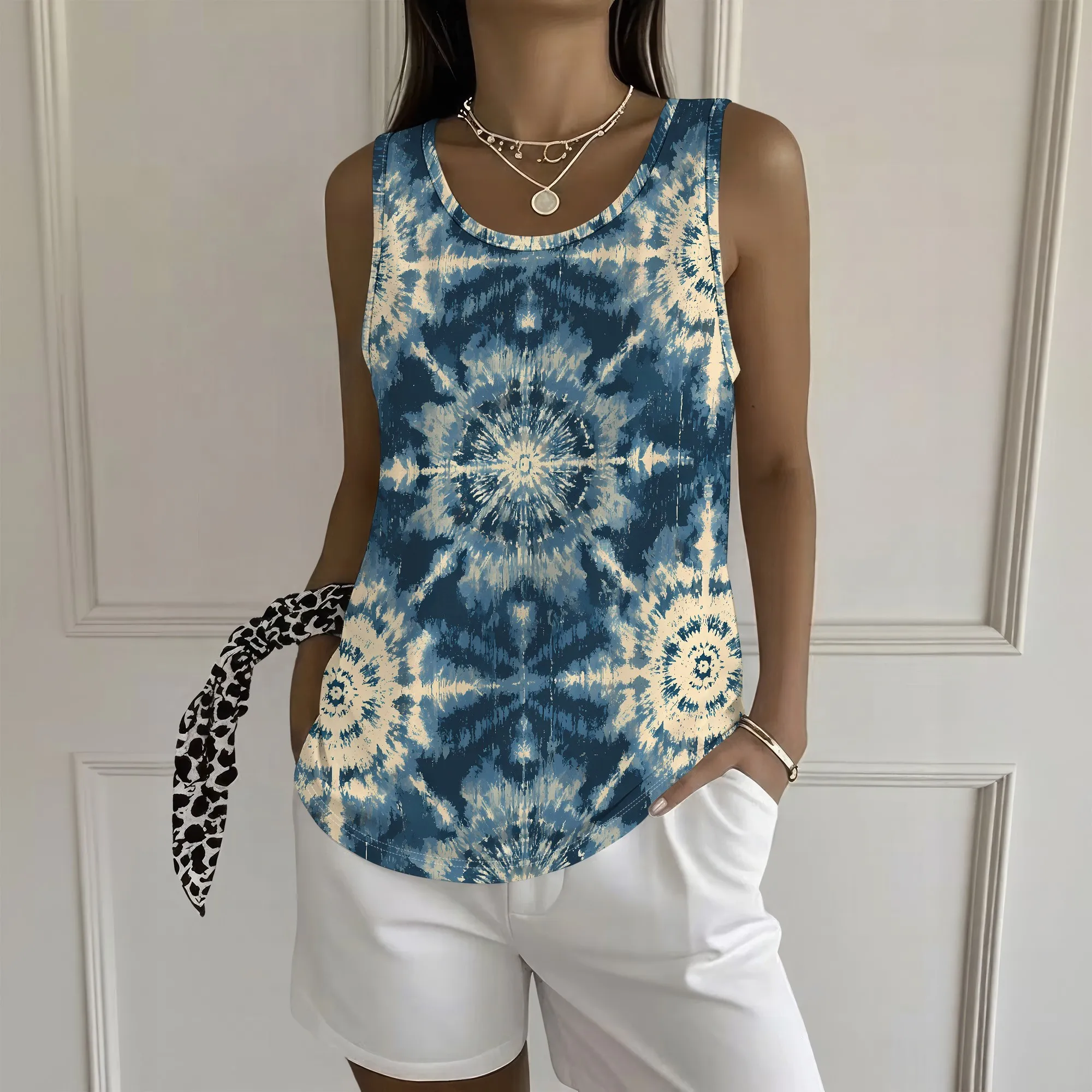 Tie Dye Tank Top, Boho Sleeveless Shirt, Blue Mandala Print Blouse, Casual Summer Tee, Beach Vacation Outfit, S-2XL