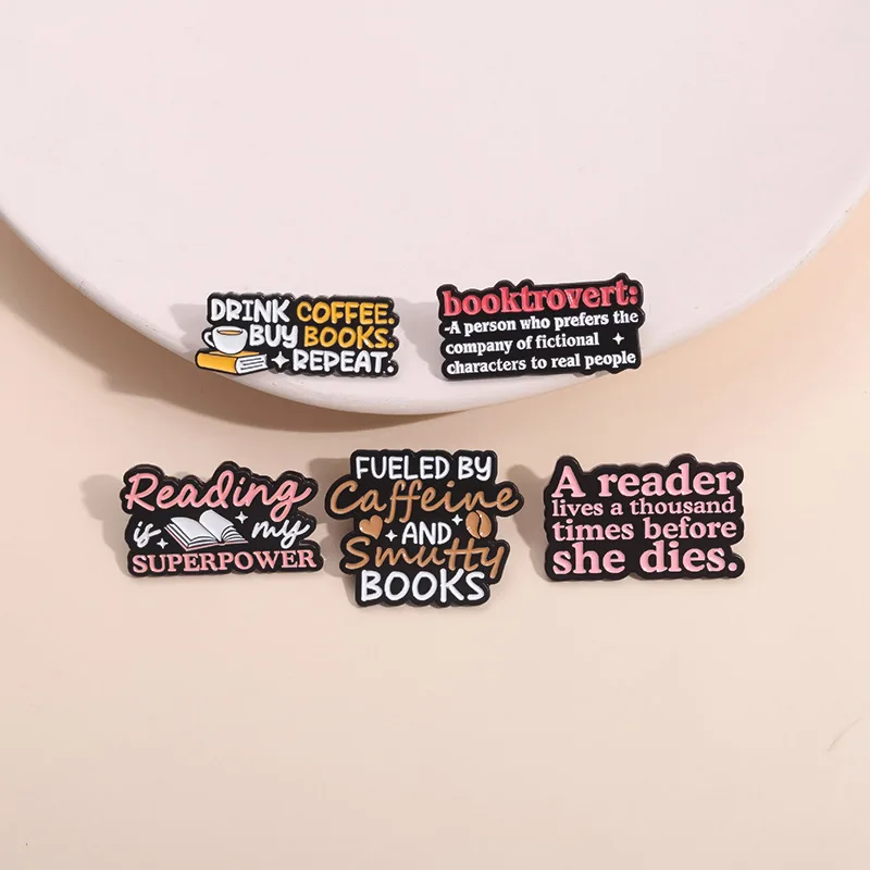 Repeat Drink Coffee and Buy Books Enamel Pins Reading Superpower Book Lover Brooch Lapel Backpack Badge Jewelry Gift Accessories