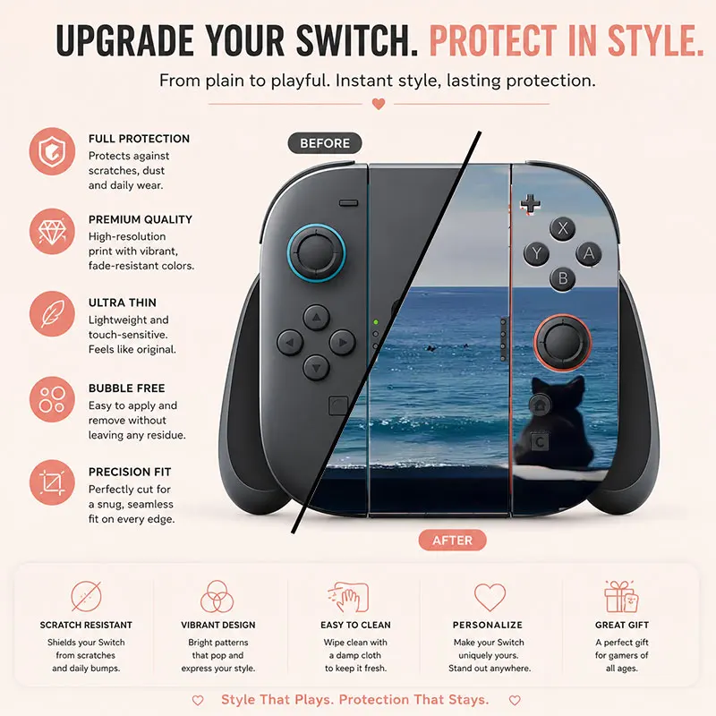 The marine cat pattern is suitable for the protective film of the Switch game console. It has a natural touch.