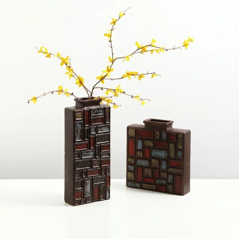 Vintage hand-painted color grid ceramic vase,Nordic style home decor,decorative art vase for home foyer dining table bookshelf
