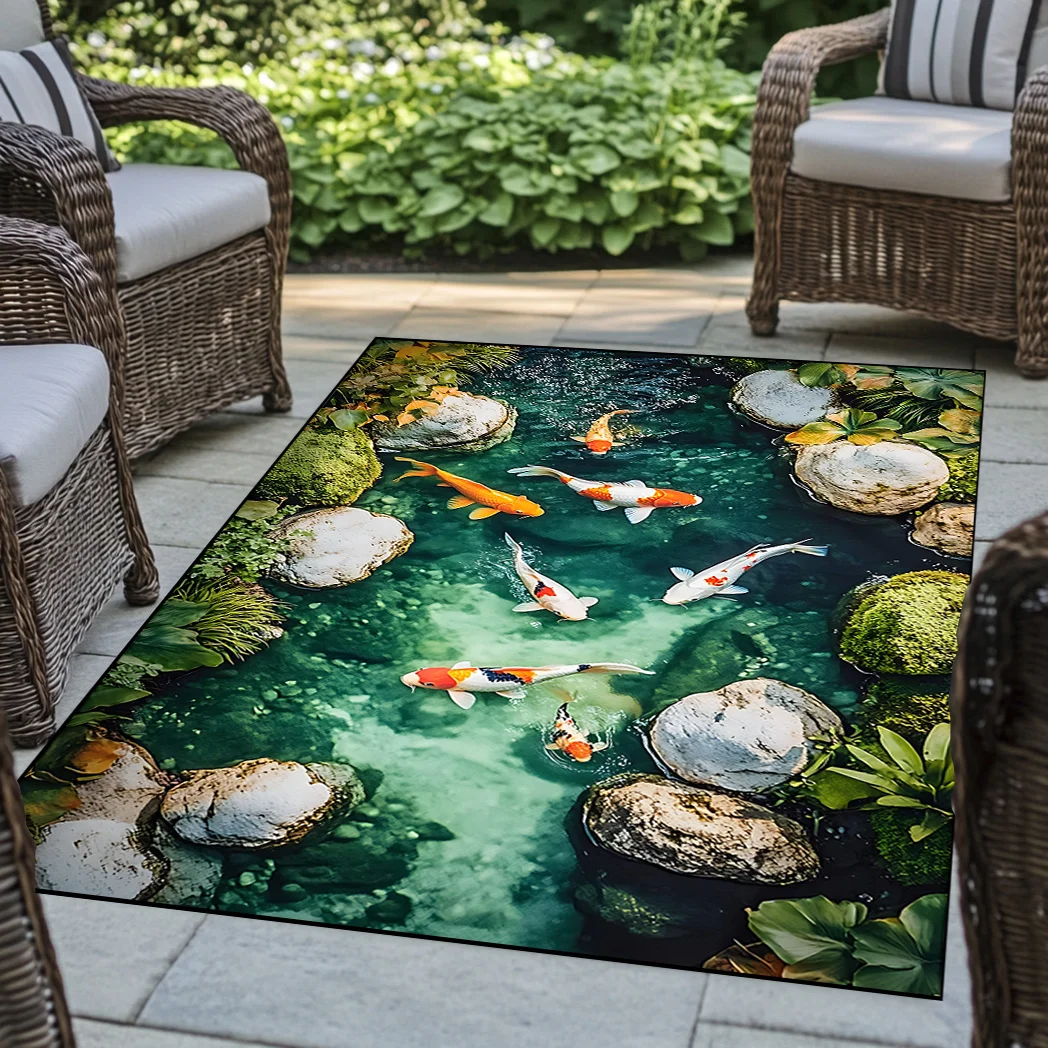 1pc 2D Flat Koi Fish Pond Green Water Stones Nature Flannel Area Rug Non Slip Zen Garden Carpet For Living Room Patio FloorDecor