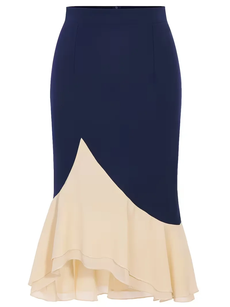 Damen Sexy Marineblauer Elastischer Eleganter Hochtaillierter Meerjungfrauen-Bodycon-Rock Sommer Arbeit Party Knielanger Bodycon-Rock – Detail 5