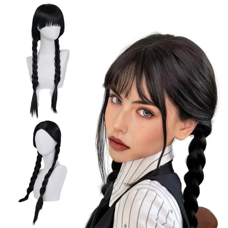 Simulation Bangs Wig Black Double Braids Oily Hair Style Twist Braid Wig High Temperature Silk Synthetic Fiber Head Role Play