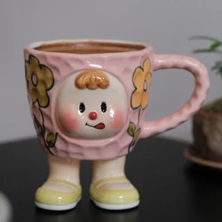 Handwork Cute Mug Ceramic Coffee Cup Simplicity Household Creative Cartoon Two-legged Doll Milk Cup Underglaze Color with Handle