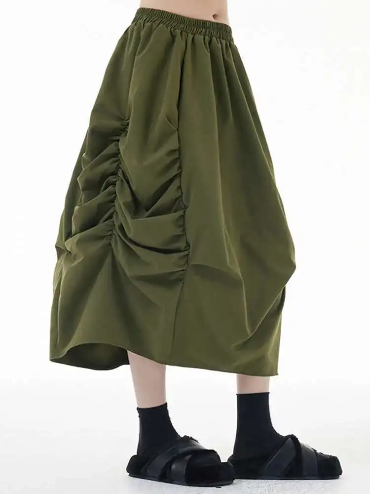 

High Elastic Waist Army Green Pleated Irregular Midi Half-body Skirt Women Fashion Tide New Spring Autumn