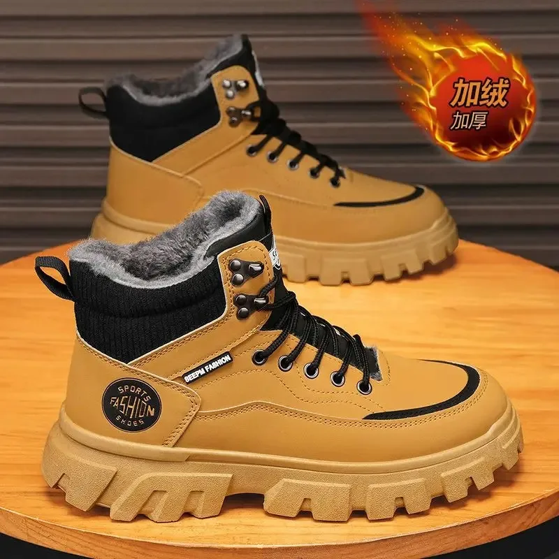 

Winter Mens Shoes Fashion High-top Sneakers High Quality Leather Casual Shoes Winter Plush Warm Cotton Shoes for Men Ankle Boots
