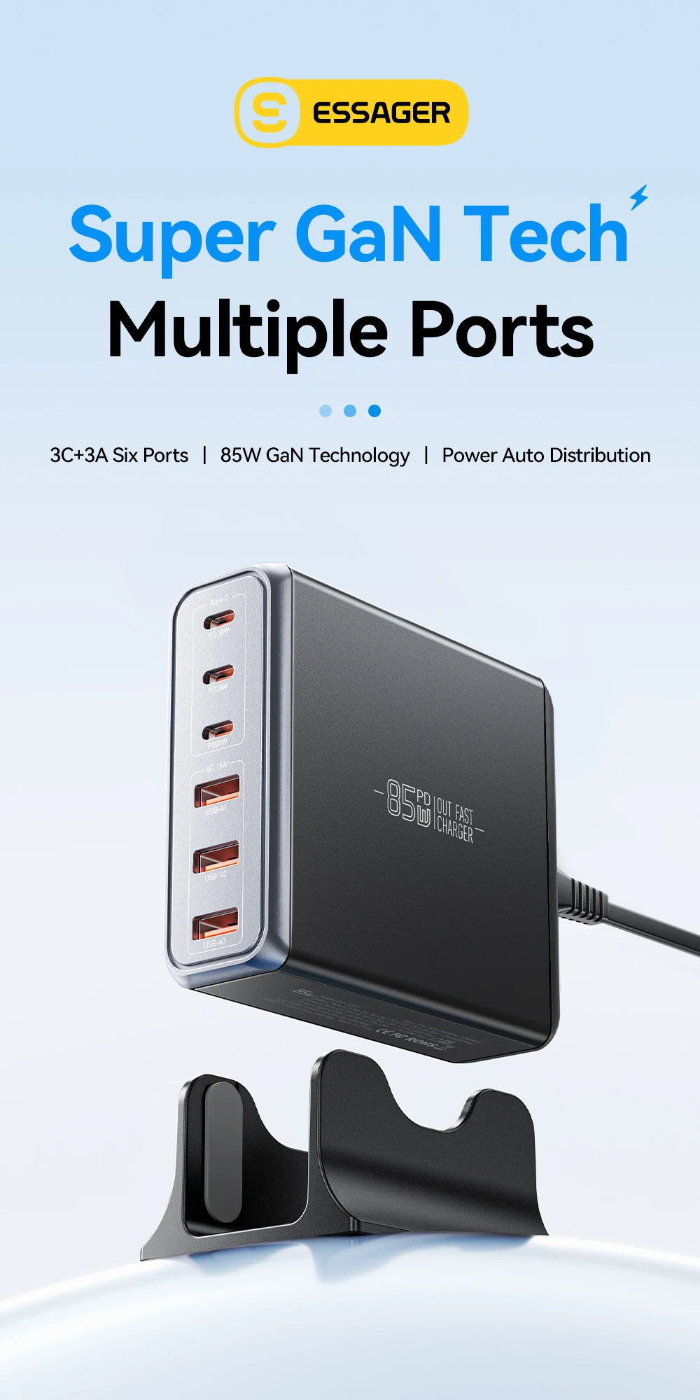 Essager 85W GaN USB Charger6in1 Desktop Fast Charge USB Type C Charger For iPhone17 16 15Pro Xiaomi Samsung Smartphone Laptop