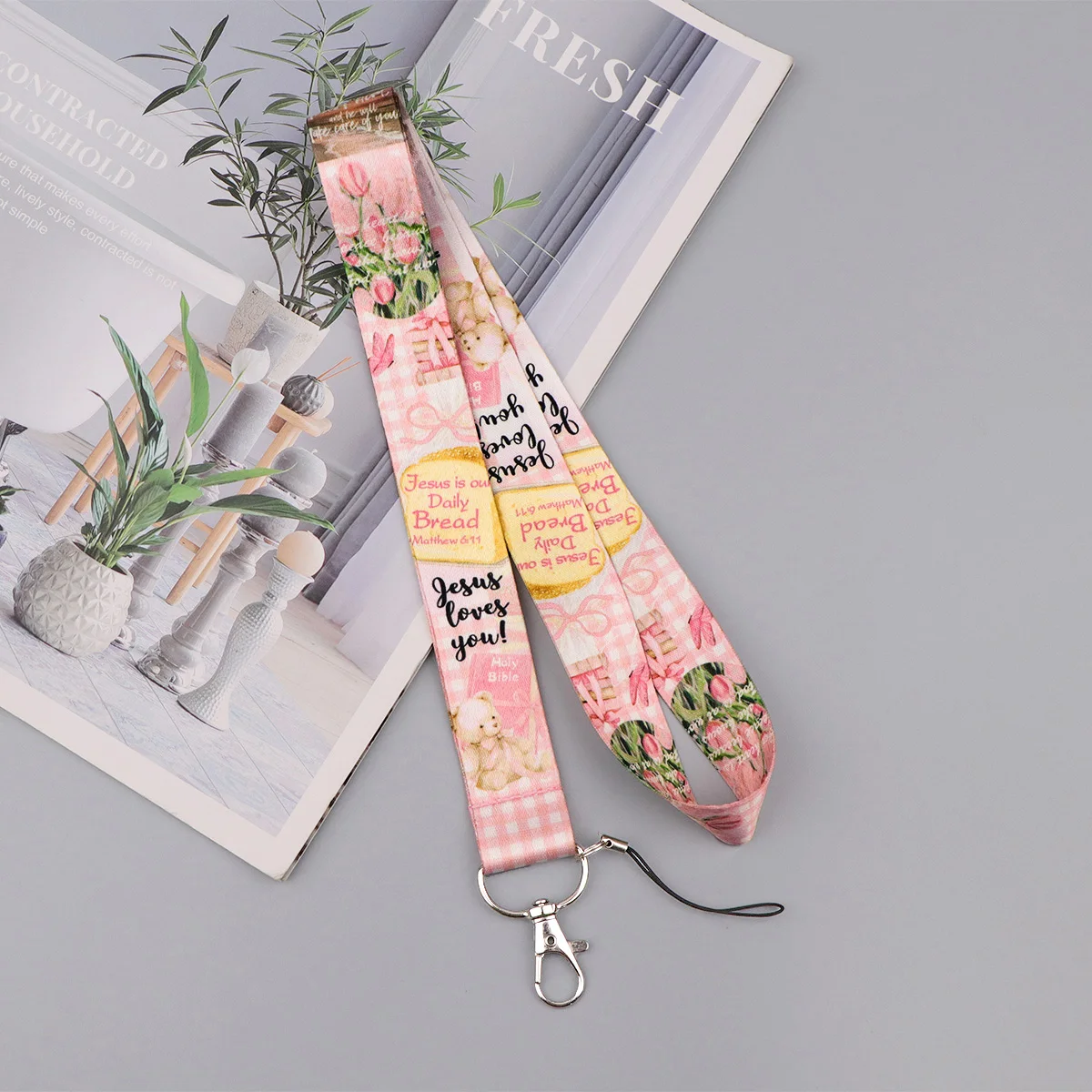 

Pink Tulips Keychain Women Badge Holder Students ID Credit Card Pass Hang Rope Mobile Phone Charm Neck Strap Lanyard for Keys