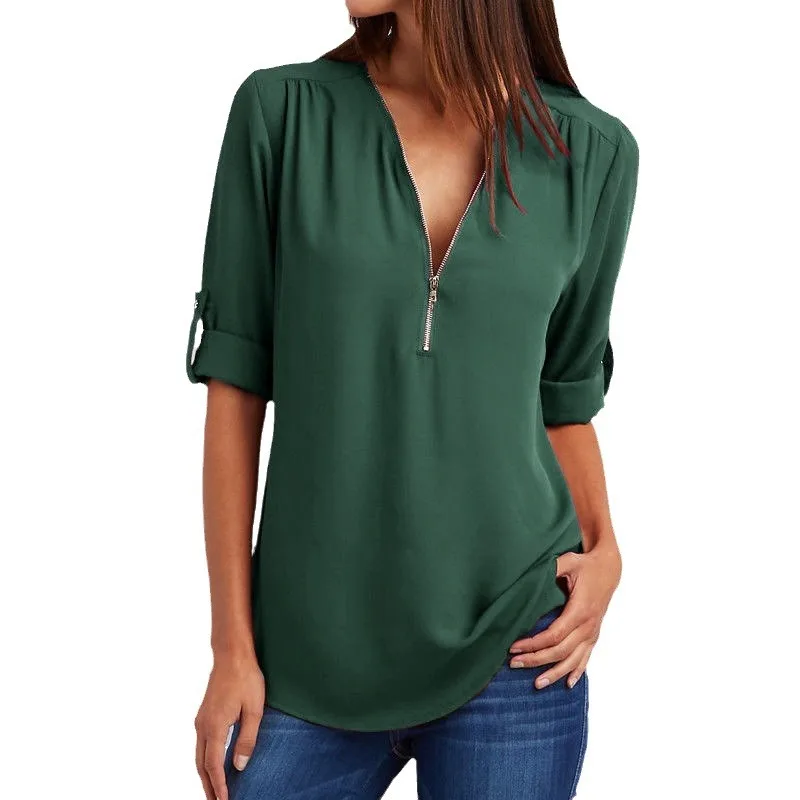 Summer Women Cool Loose Shirt Deep V Neck Chiffon Blouse Casual Ladies Tops Sexy Zipper Pullover Plus Size Long Sleeve Fashion