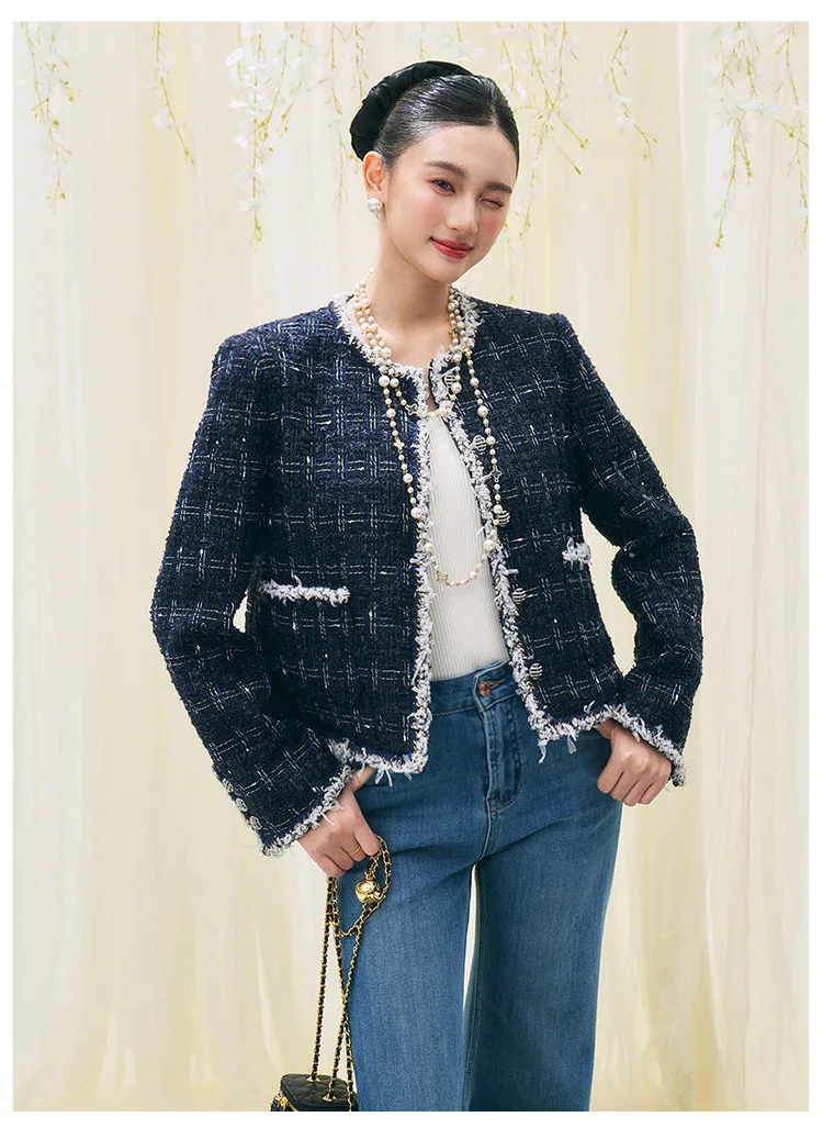 Women Tweed Short Jacket O Neck Fringe Trim Long Sleeve Elegant Cropped Outerwear Female Commuter Party Coat