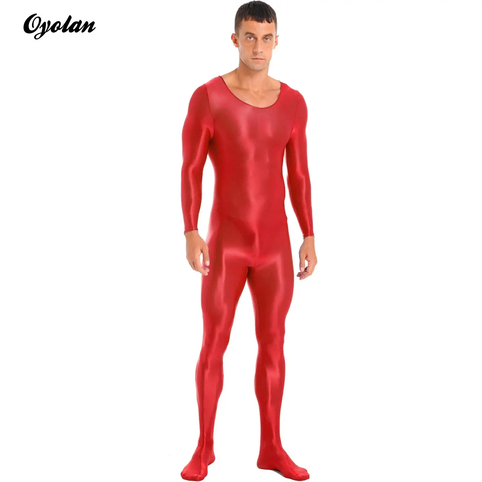 

Mens Lingerie Oil Shiny Long Sleeve Bodystocking Nightwear Solid Color Round Neck Bodysuit Gymnastics Tight Fitting Jumpsuit