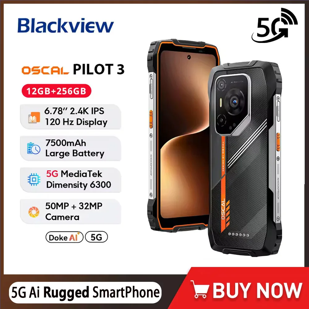 Blackview Oscal PILOT 3 Rugged Phone 5G MediaTek Dimensity 6300 Chip 6.78-inch 2.4K IPS 120Hz Display 50MP 7500mAh NFC Cellphone