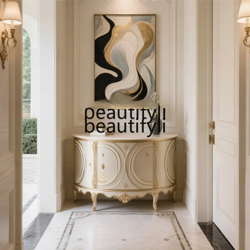

French Light Luxury Style Solid Wood Entryway Cabinet Villa Cabinet Carved Gold Trim Storage Cabinet