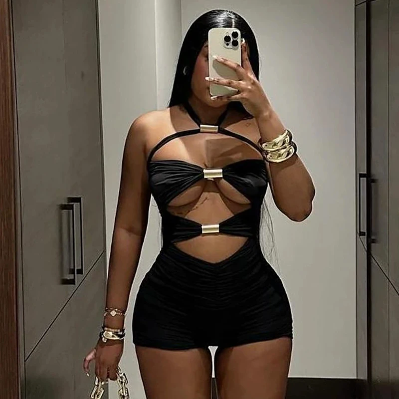 

American Summer New Street Trend Harajuku Sexy Spice Girl Solid Color Design Splicing Hollow Sleeveless Strapless Slim Jumpsuit