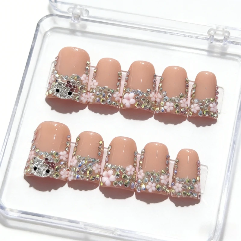 10개입 누드 프레스온 가짜 손톱 글리터 라인스톤 꽃 디자인 짧은 덕 프렌치 인조 손톱 탈부착 가능 달콤한 소녀용