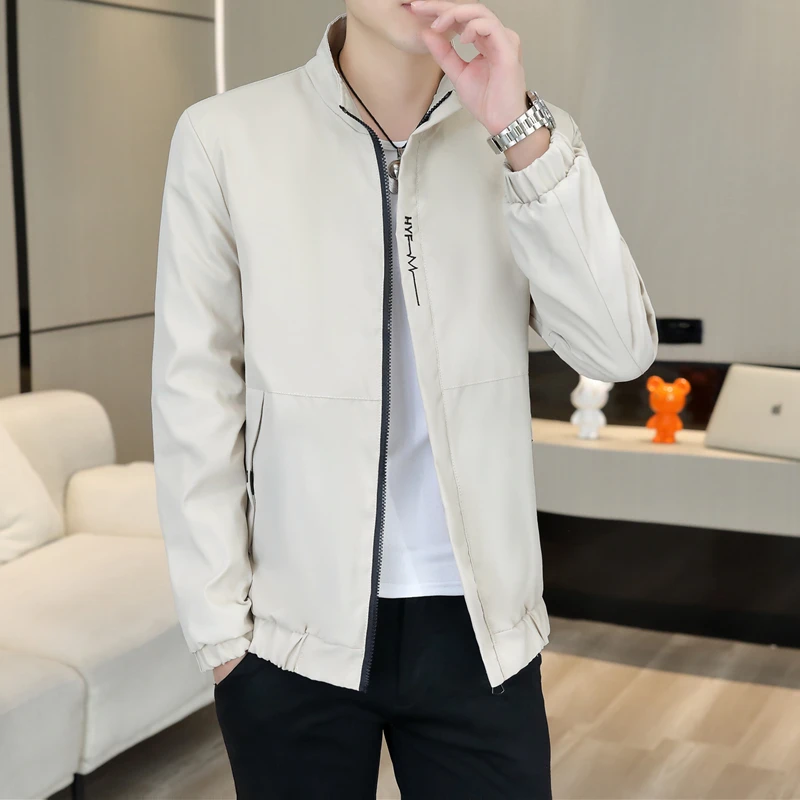 

Casual Style Baseball Jacket Men's Spring Autumn Fashionable Embroidered Stand Collar Polyester Long Sleeve Zipper Closure Coat