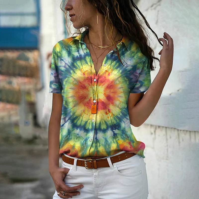 Women Shirts Colorful Abstract Tie Dye 3D Print Blouses Woman Short Sleeve Harajuku Tops Fashion Girls Oversized Hawaiian Shirt