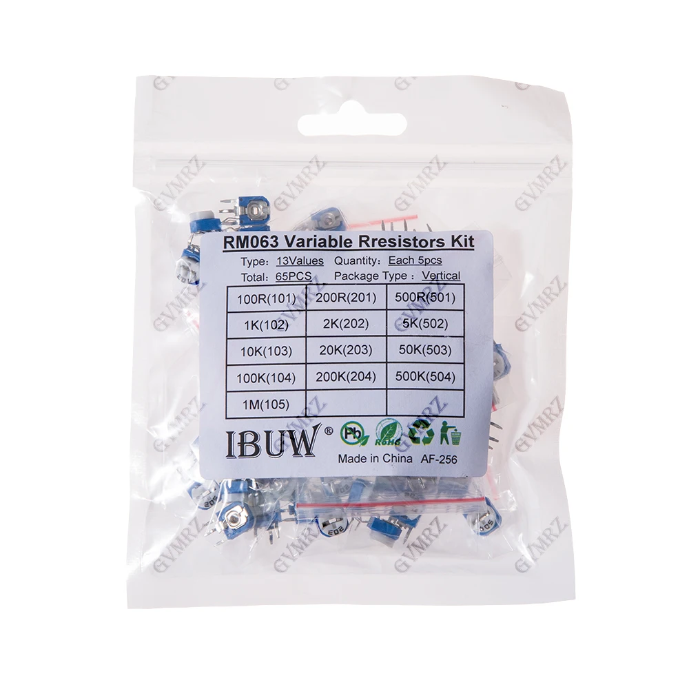 65PCS 13Values RM063 Vertical Variable Resistors Kit (100R-1MΩ) for PCB Circuit Adjustment