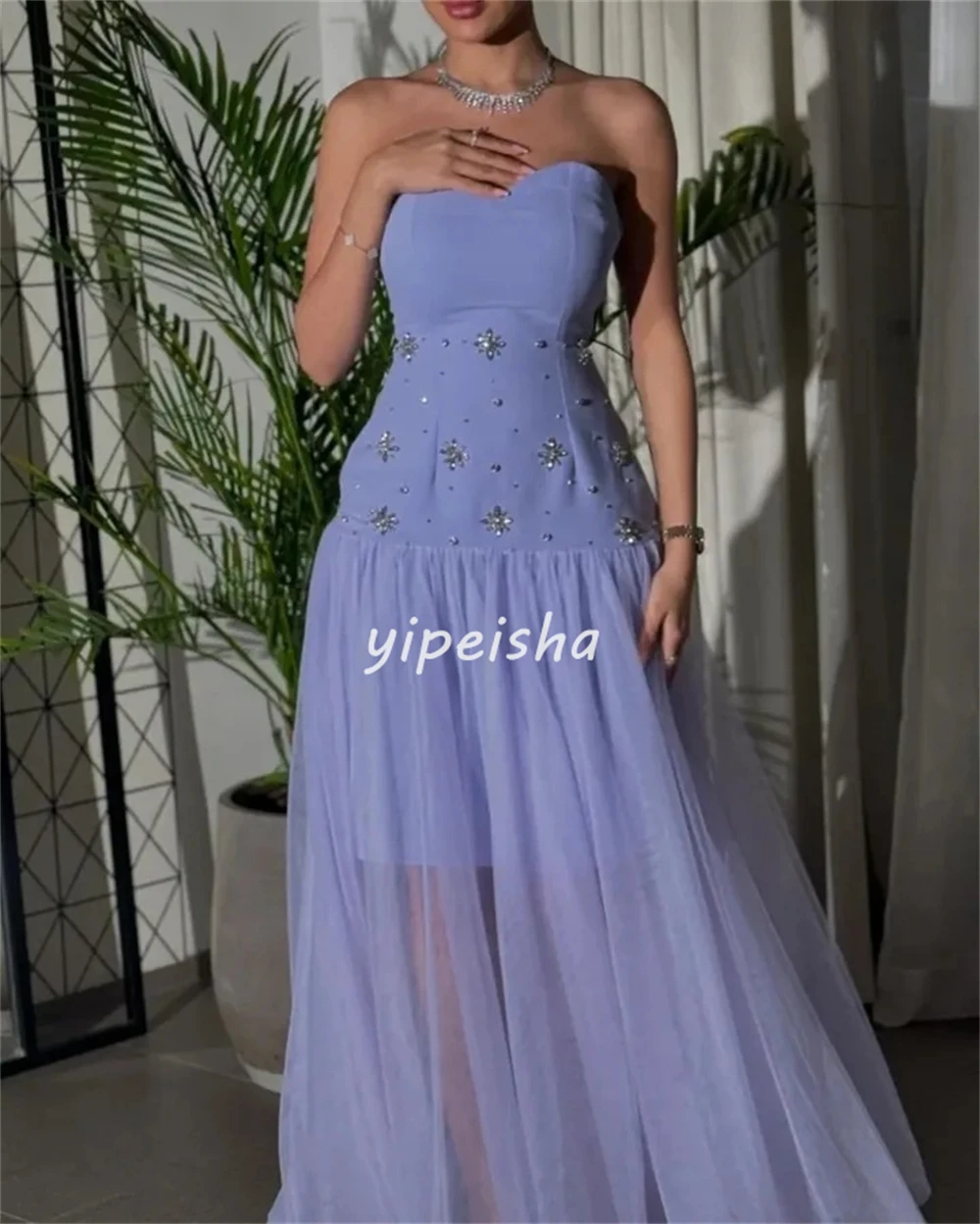 Personalizado clássico elegante jérsei strass plissado a linha sem alças vestidos longos sob medida vestidos de ocasião de alta qualidade correspondência