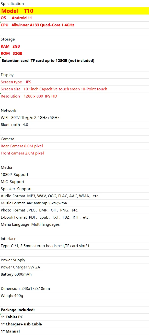 10.1 INCH A1 Android 11 Tablet PC 2GB RAM 32GB ROM FX10 Type-C CPU Allwinner A133 Quad-Core 1.4GHz Resolution 1280 X 800 IPS HD
