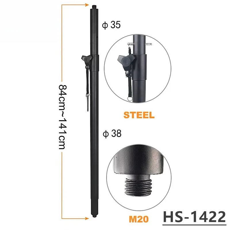 MW Audio Pro luidsprekerstandaard, in hoogte verstelbaar van 82 cm tot 140 cm, voor gebruik op het podium en in de studio.