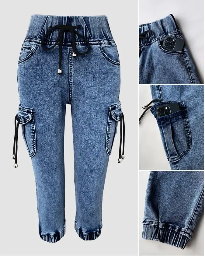 جينز نسائي ربيع 2025 جديد بلون سادة ملابس خروج غير رسمية عالية الخصر برباط جينز كابري ضيق مع جيب