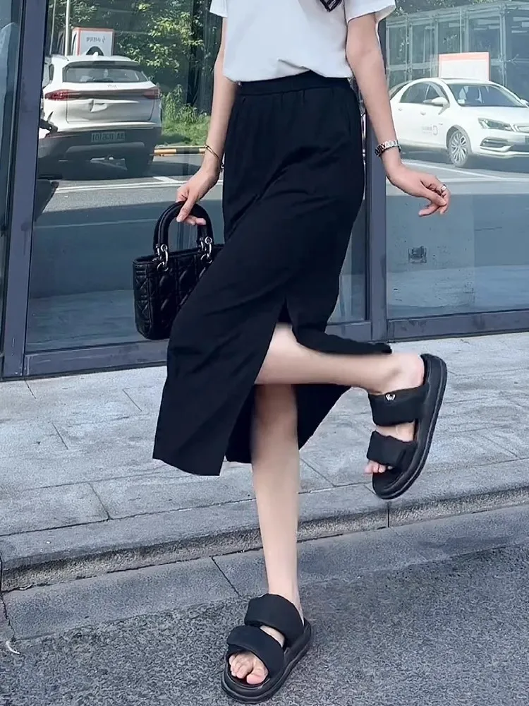 Black Suit Half Skirt Slimming Side Slit Women Summer New Small Size Ice Silk Casual Straight One Step Skirt High Waist H Type