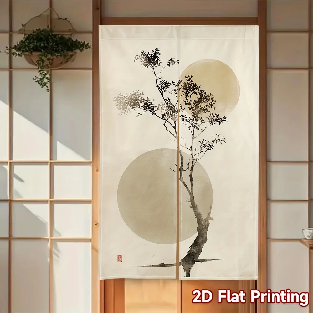 Bare Tree Noren – Ink Style, Gold Circles, Beige, Rod-Free, for Living Room or Tea Room