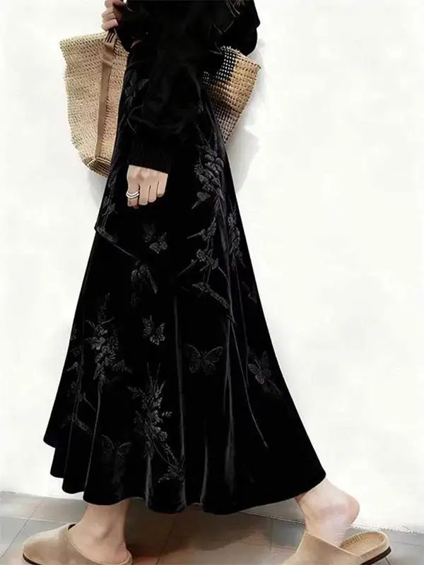 

plus Size Velvet A-Line Skirt Embroidered High Waist Full Body Autumn Winter Women's Casual Fashion Big Sister Half-length Skirt