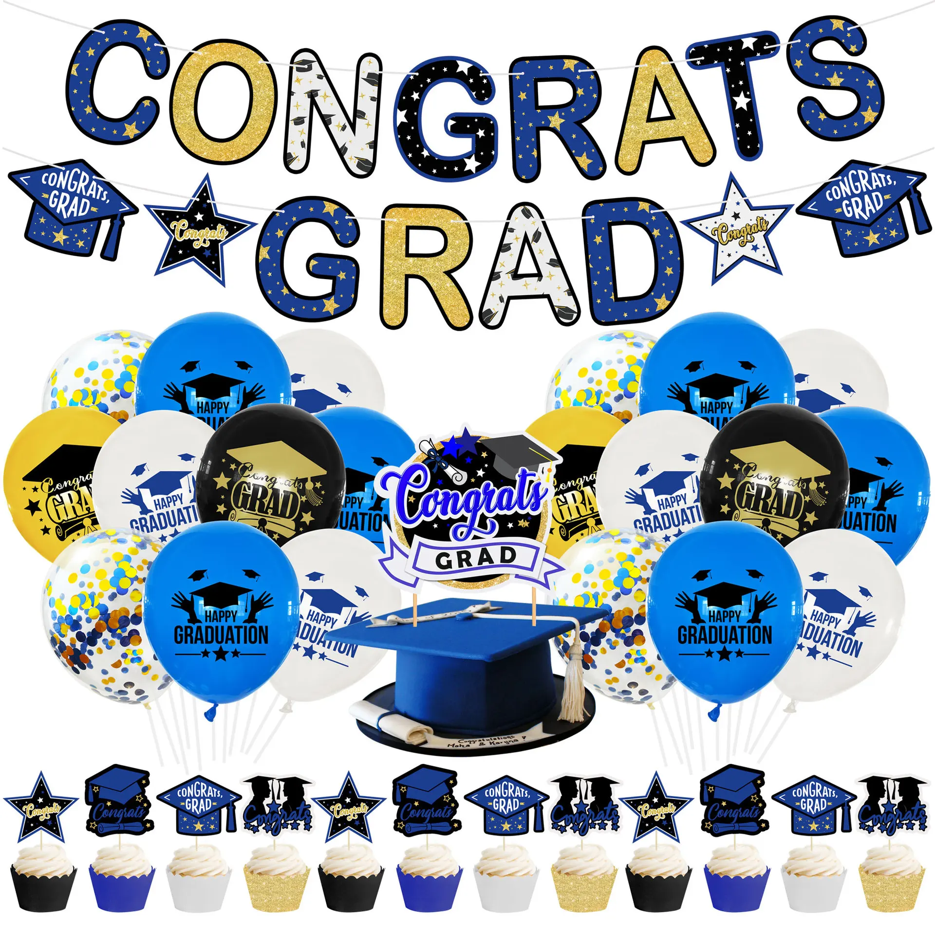 Blue and Gold, Graduation Season, Party, Background Decoration, Set, Flag Pulling, Cake Flag Planting, Balloons, Graduate