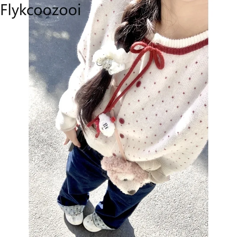 Korean Dopamine College Style Autumn and Winter New Slim Polka Dot Design Wool Sweater Sweet Girl Tops for Women