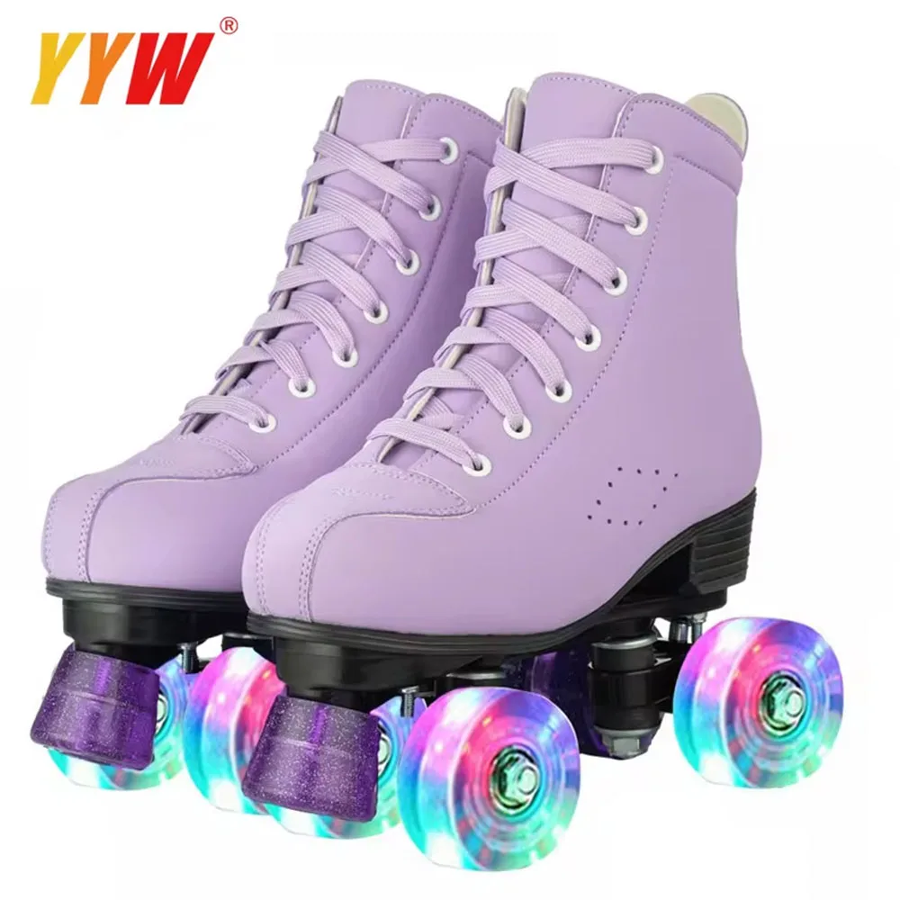 Pu Leather Roller Skates Skate Shoes Outdoor Beginner Skates Wheels Adult Double Row Roller Shoes Patins Sliding Quad Sneaker