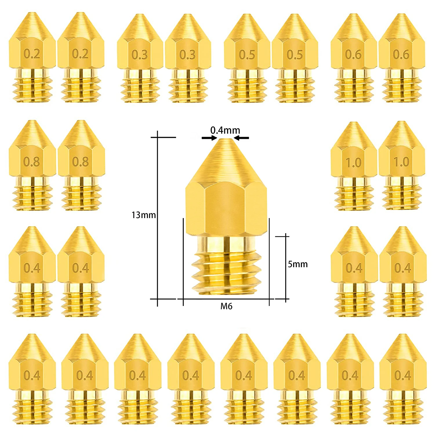 

24PCS Extruder Nozzle for Makerbot Creality CR-10 Ender 3 5 3D Printer Nozzle for MK8 0.2mm 0.3mm 0.4mm 0.5mm 0.6mm 0.8mm 1.0