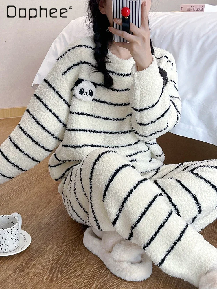 

Cartoon Panda Striped Sleepwear for Women Round Neck Long Sleeve Sweet Coral Fleece Pajama Two Piece Sets Cute Homewear