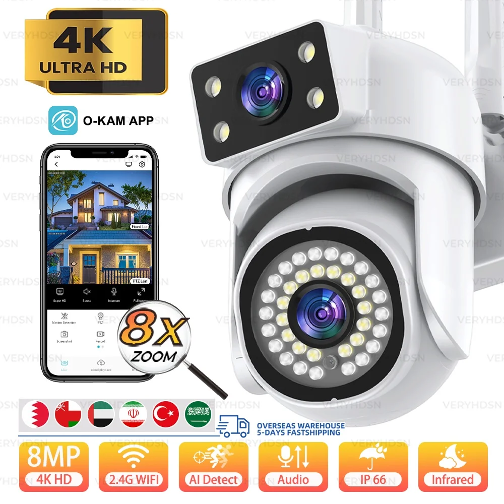 4K 8MP PTZ WIFI Camera Dual Lens Dual Screen IP Cameras Outdoor HD Auto Tracking 4X Zoom Security Protection CCTV Surveillance