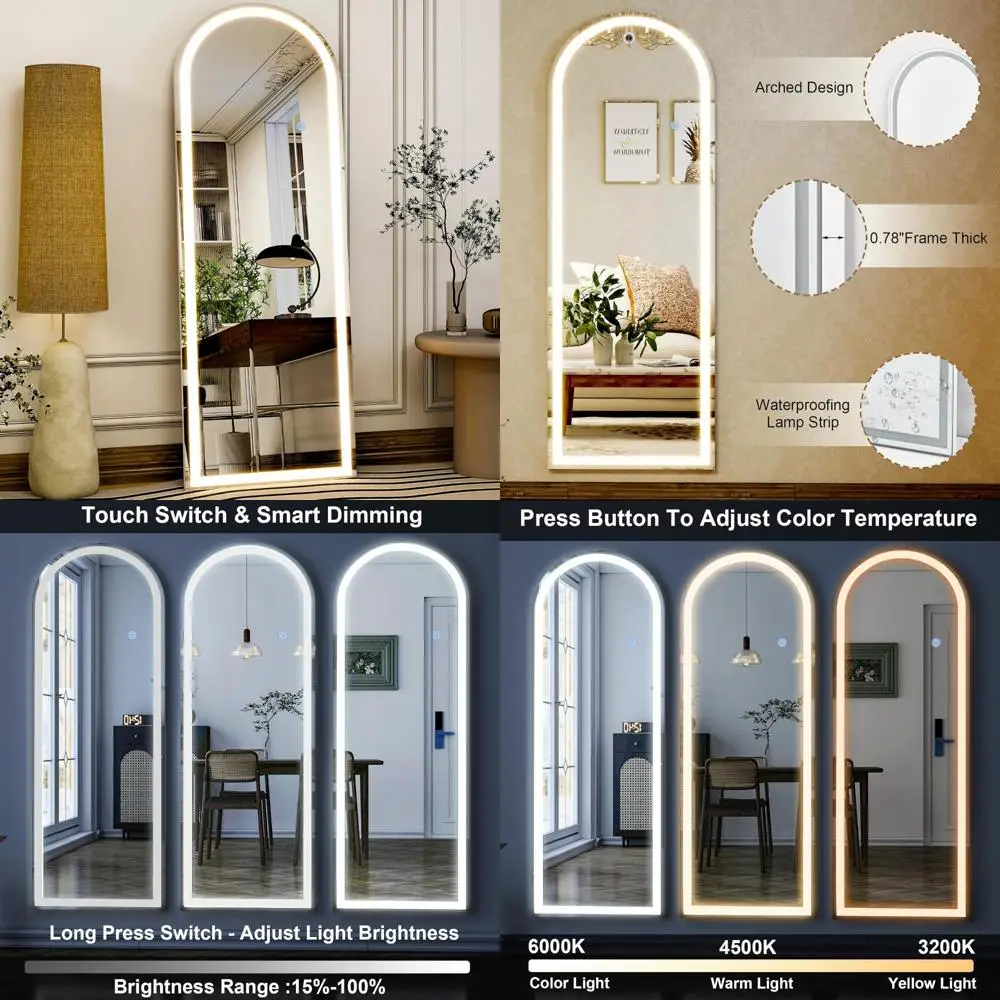 

Arched LED Wall-Mounted or Freestanding Full-Length Mirror with Dimmable Lights, Perfect for Bedroom or Cloakroom Use