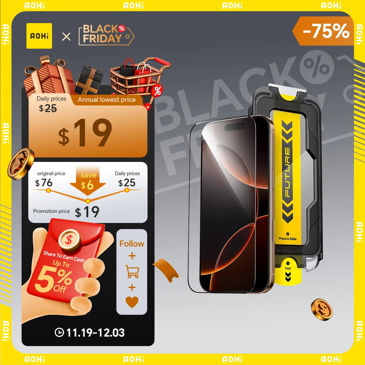 

AOHi The Future MagArmor Phone Tempered Glass (For iPhone 16 Pro/ 16 Pro Max)