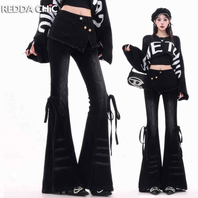 

REDDACHiC расклешенные джинсы с завязками и накидками, винтажные черные эластичные юбки с низкой посадкой и запахом, брюки в стиле панк, гранж, женские брюки-клеш