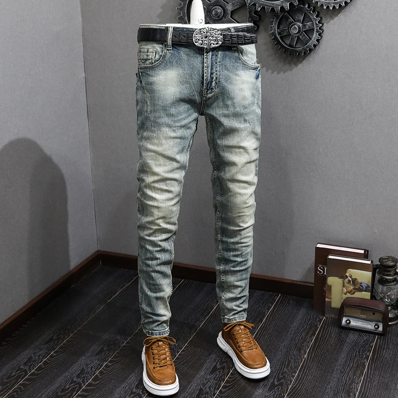 

Italian Style Fashion Men Jeans High Quality Retro Washed Blue Stretch Slim Fit Ripped Jeans Men Vintage Designer Denim Pants