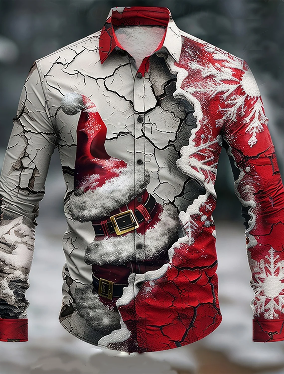 Visual Abstract Men's Fashion Colorblock Long Sleeve Button Shirt Christmas Style Shirt New Santa Claus Print Men's Long Sleeve