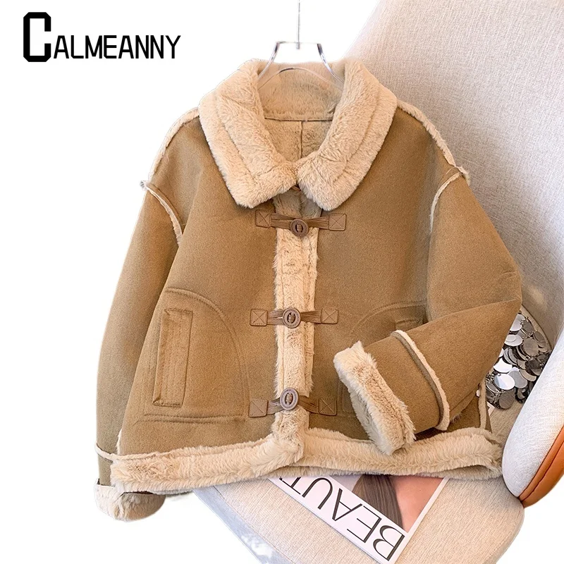 

2024 Autumn Winter Turndown Collar Lamb Wool Coat Women Windproof Warm Fur Outwear Thickened Loose Biker Jacket Streetwear