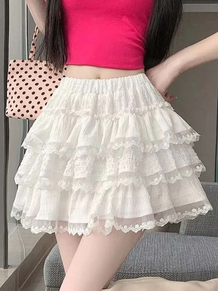 Mini Skirts Women Lace Patchwork Stretch High Waist Vintage Sweet Elegant Puffy Cake Skirt Female Y2k Aesthetic