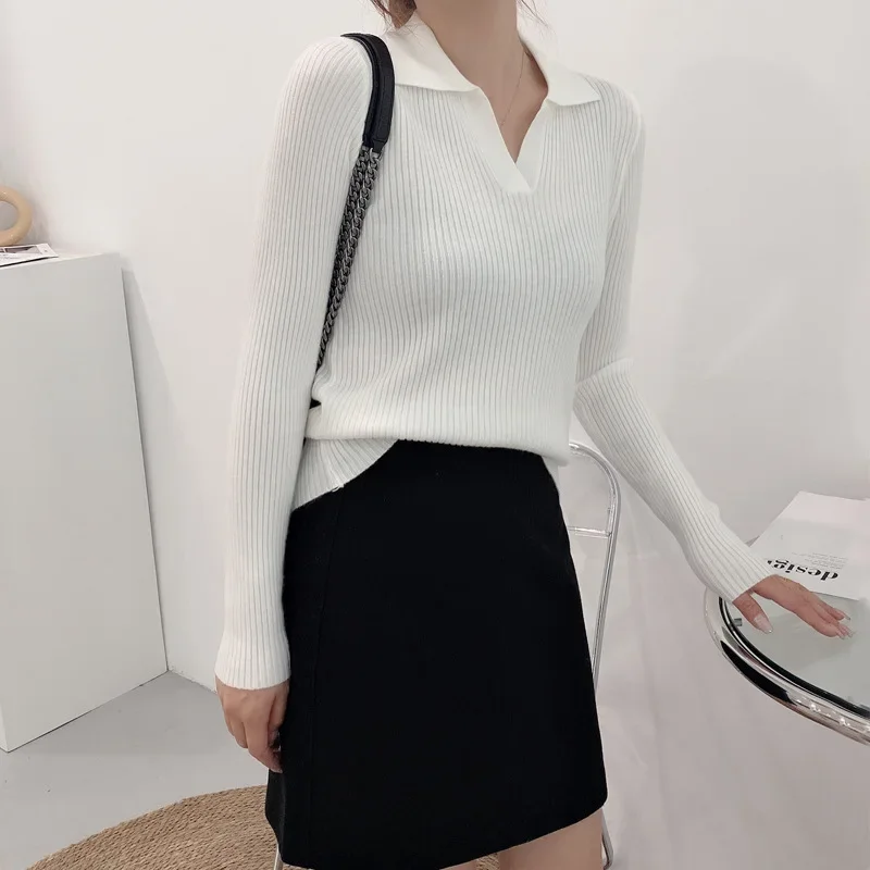 Korean Version Fashion Knitted Sweater Women\'s Autumn Winter Pullover Solid All Match Sweater Simplicity Lapel Bottoming Top