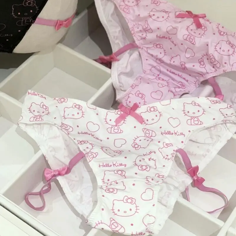 

Женские трусики в стиле аниме «Hello Kitty», сексуальное нижнее белье из ледяного шелка Kawaii, низкие трусики, хлопковые дышащие женские треугольные трусики с промежностью