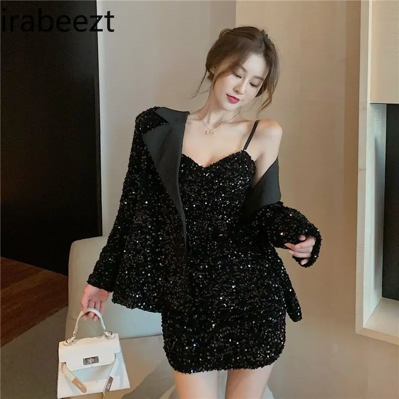 New Women's Sequin Beaded Long Suit Jacket Wrapping Hip Halter Dress Two-piece Set Women Conjuntos Feminino Elegante