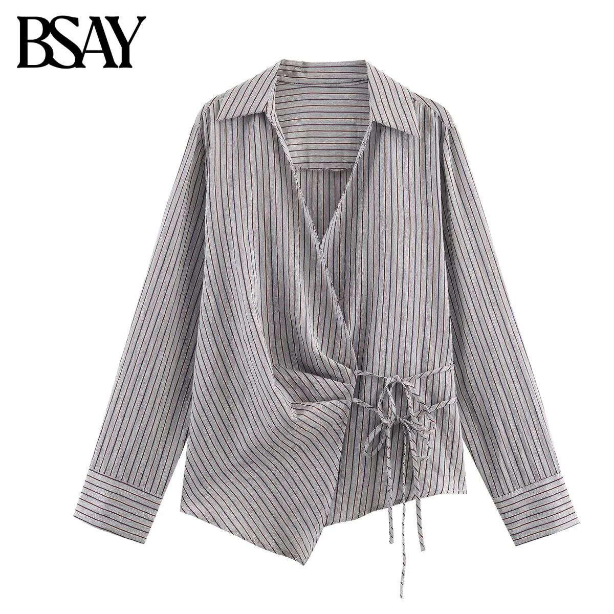 

BSAY Striped Bow Shirt Women Fashion Autumn Winter New lapel loose Casual Street Long Sleeves Blouses Chic Ladies Tops mujer