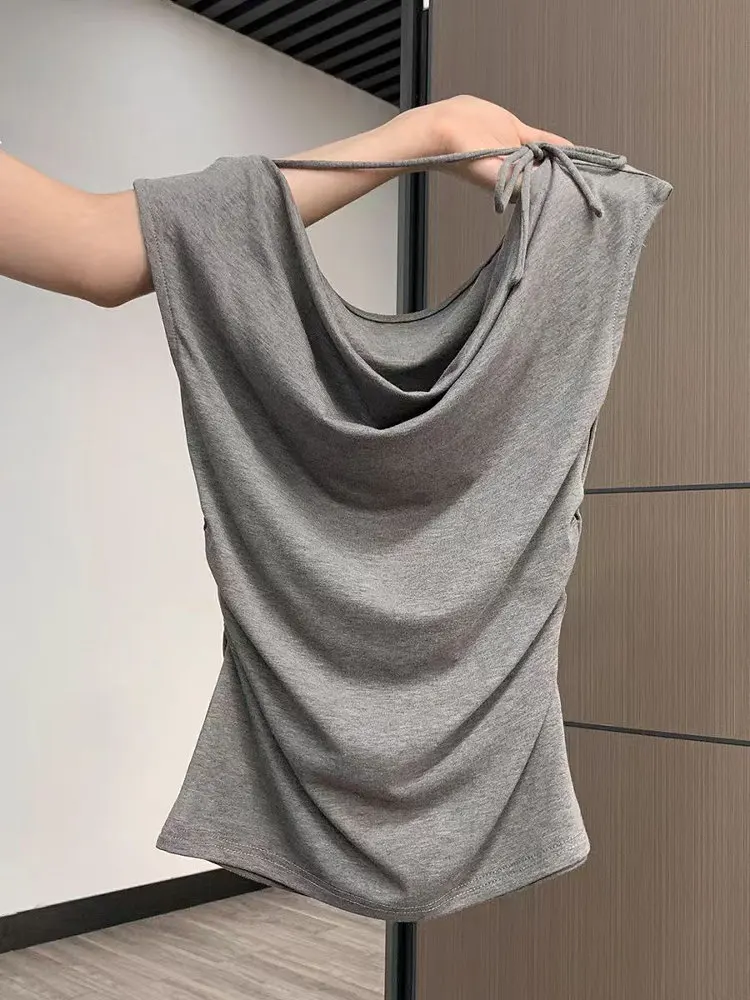 

Women's Summer Slim Fit Vest Strap Dstring Waist Cinching One oulder Sle Inner Wear Cotton ort Sve Pure Color
