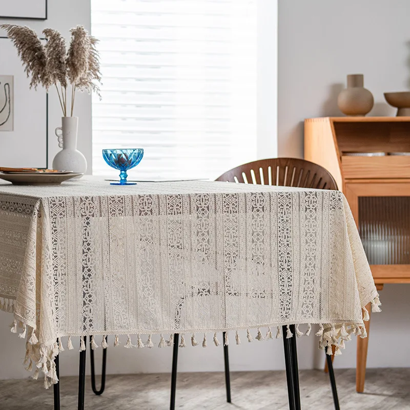 Lace Tablecloth Hollowout Woven Table Cover Embroidery Tablecloth for Dining Table Geometric Tassel Banquet Table Cloth