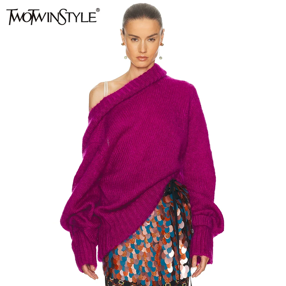 

TWOTWINSTYLE Solid Loose Irregular Sweaters for Women Diagonal Collar Long Sleeves Minimalist Sweater Female Autumn Clothing New